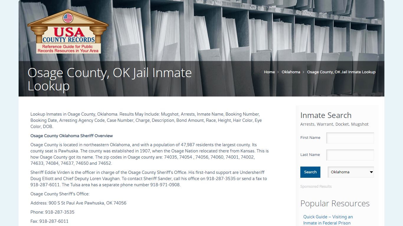 Osage County, OK Jail Inmate Lookup | Name Search